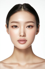 Obraz premium Beautiful Young Asian Woman with Clean, Healthy Skin on a White Background