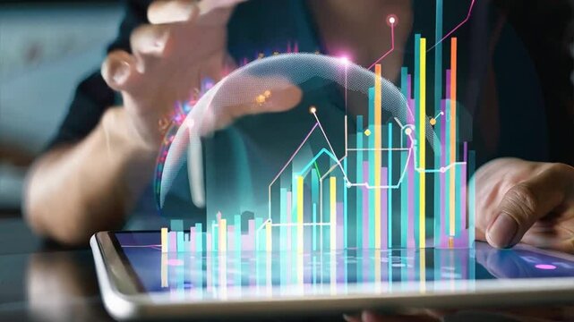 Data Driven Future: A futuristic concept of data visualization and analysis with a digital sphere hovering over a tablet, showcasing dynamic graphs and charts, representing growth, innovation, and pro