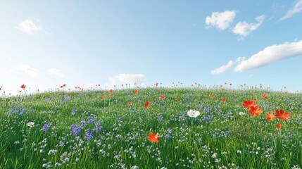 Obraz premium Green meadow with blooming wildflowers under a clear sky, representing peace and serenity.