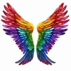 Fototapeta premium Vibrant Rainbow Pride Wings with Colorful Feathers, Symbolizing Diversity and Inclusivity, Set Against a Clean White Background, Celebrating LGBTQ+ Identity and Expression