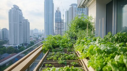 Lush Urban Rooftop Garden Overlooking Skyscrapers