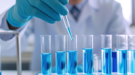 Fototapeta premium Scientist conducting chemical analysis in a high-tech laboratory, examining blue liquid in a test tube, surrounded by advanced equipment and precise instruments