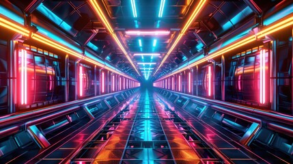 Futuristic tunnel with vibrant neon lights and reflections, creating a sense of depth and technology in a sci-fi environment.