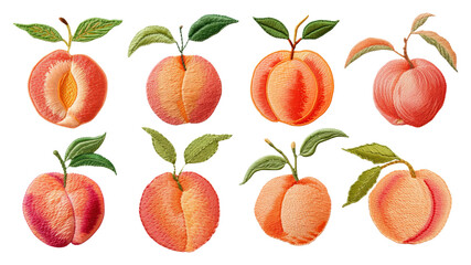 Embroidery peach png element set, transparent background