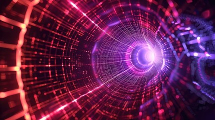 A vibrant tunnel of light showcasing intricate patterns in red, purple, and blue, representing energy and motion in digital art.