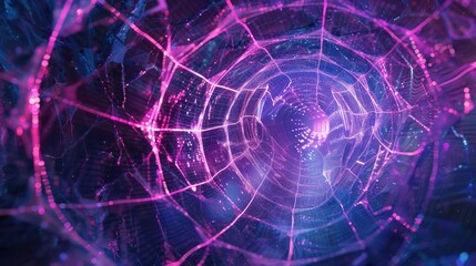 A mesmerizing digital spider web illuminated by vibrant purple and blue hues, creating an enchanting and surreal visual experience.