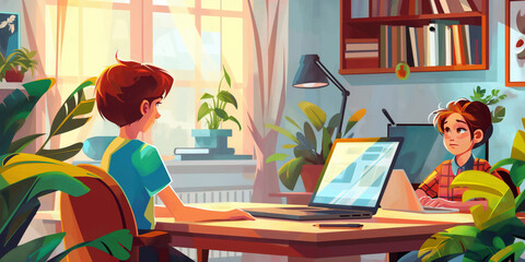 Child attending an online class from home, with a laptop on a desk, surrounded by educational materials and a concerned parent in the background.