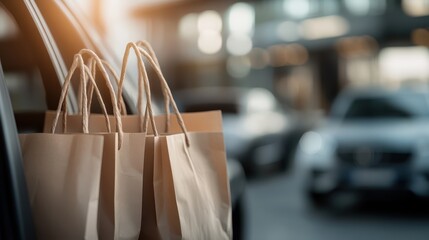 Paper bags hanging out of a car window, in an urban setting, capturing the essence of shopping and daily life activities, reflecting the hustle and bustle of city living.