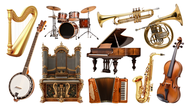 Classic music instrument png element set, transparent background - Powered by Adobe