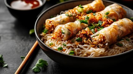 A delicious dish of fried spring rolls served over vermicelli noodles, garnished with chopped green onions and cilantro, perfect for an authentic Vietnamese meal.