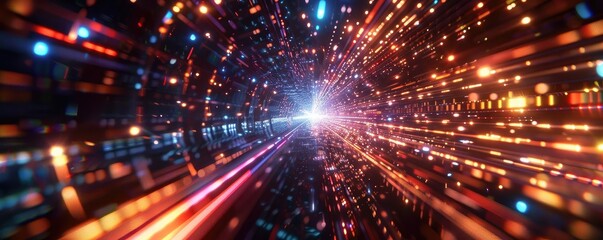 Naklejka premium Vibrant light trails create a mesmerizing tunnel effect, symbolizing speed, energy, and futuristic technology in this stunning visual.