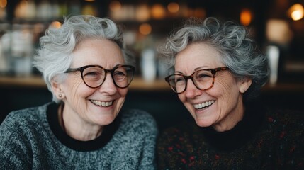 Elderly women with gray hair and glasses share a laugh, smiling warmly in a cozy and brightly lit indoor setting, reflecting joy and enduring friendship.
