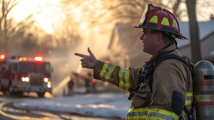 Obraz premium A firefighter giving instructions at a fire scene, leadership and focus