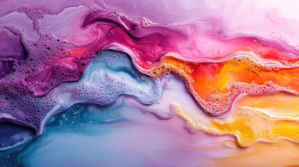An abstract artistic creation showcasing waves of different colors blending together, featuring shades of purple, pink, blue, yellow, and a hint of orange in a fluid motion.