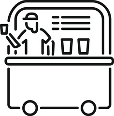 Line art icon of a street food vendor preparing a drink behind the counter of his food truck