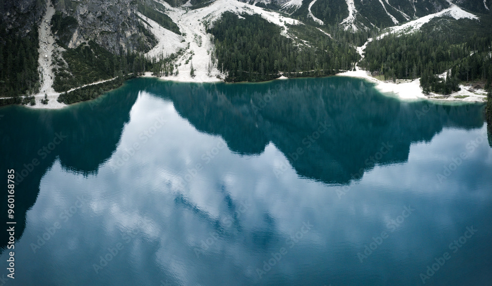 Wall mural aerial view of lake braies in trentino alto adige italy