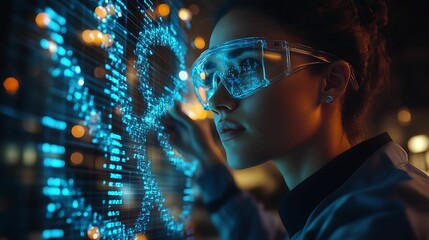 A female scientist wearing protective goggles examines a futuristic digital DNA strand, symbolizing biotech, genetics, and innovation.