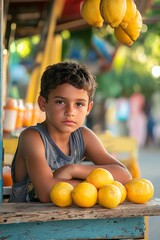 A boy is sitting at a lemon stand with a pile of lemons in front of him