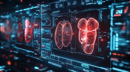 Obraz premium A 3D digital scan of human lungs displayed on a futuristic medical interface, highlighting advancements in healthcare, diagnostics, and medical technology.