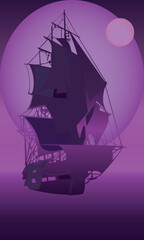 Silhouette of a pirate ship against the background of the moon in purple tones for your designs in a mystical nautical style