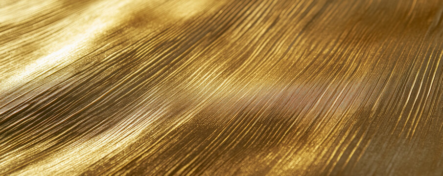 A gold textured surface with a brushed finish, showcasing fine, parallel lines that add a soft, linear texture to the reflective metal.