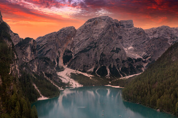 aerial view at sunset of lake braies in trentino alto adige italy