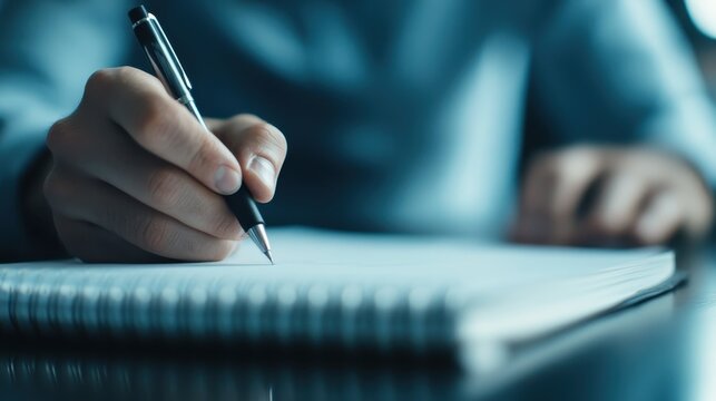 A close-up shot of a hand holding a pen, writing in a spiral-bound notebook. The background is blurred, focusing on the pen and paper, symbolizing creativity and focus.