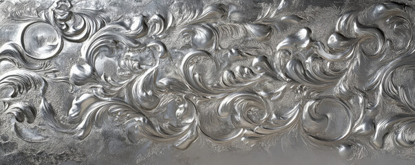 A silver textured surface with intricate, raised patterns, adding a three-dimensional effect that enhances the metal&acirc;&euro;&trade;s luxurious feel.