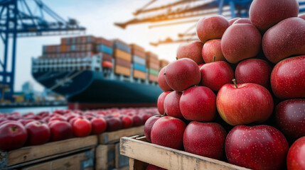Ripe apples stacked near a cargo ship at a busy port, highlighting the export of global agricultural goods.