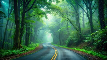 Fototapeta premium Mysterious road winding through foggy dark forest with lush green leaves