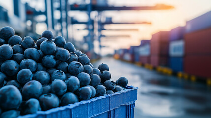 Close-up of fresh blueberries beside containers at a busy shipping dock, symbolizing the export of global produce.