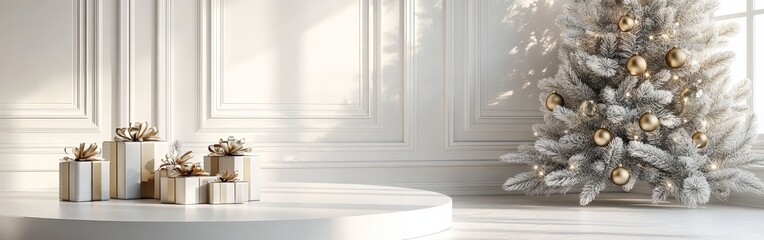 Elegant Gold and White Minimalist Christmas Scene with Tree and Gifts