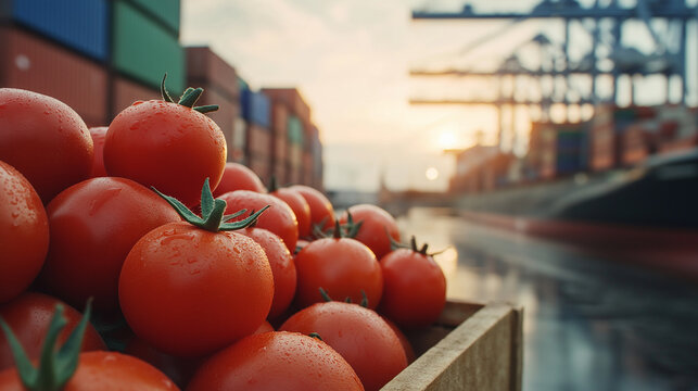 Fresh tomatoes lying beside a cargo ship, ready for global transport, symbolizing the worldwide agricultural supply chain.