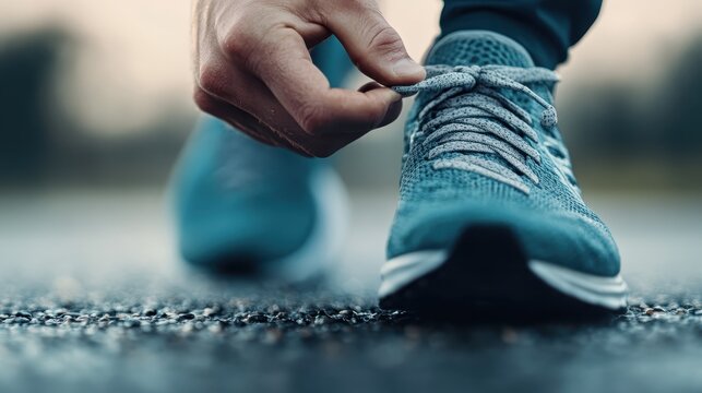 A close-up of a person tying the laces of blue running shoes on wet pavement, symbolizing preparation and focus before a run, with attention to detail and commitment.