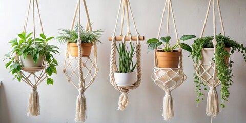 Handmade cotton macrame plant hangers with pots and plants hanging from a wood branch
