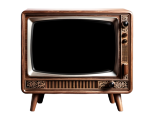 Retro wooden TV box cut out with frame screen cut out, television of 1970s or 80s wood vintage historical show black monitor png isolated transparent background 