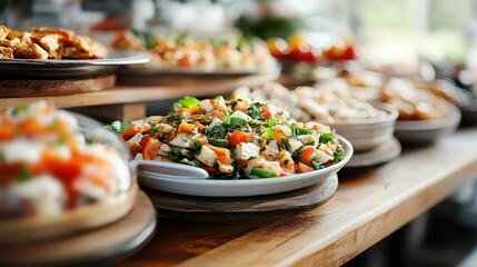 Obraz premium A diverse array of fresh, vibrant salads served on a table, highlighting a colorful and healthy culinary presentation ideal for various events and gatherings.