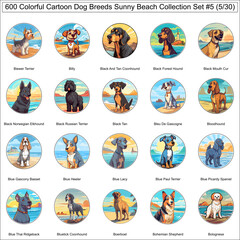Fototapeta premium Colorful Dog Breeds Cartoon Characters Sunny Beach Bundle Collection Set 5 of 600 Dog Faces Isolated Part 5