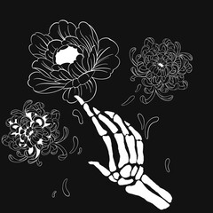 a skeleton hand holding graphic flowers for the day of the dead