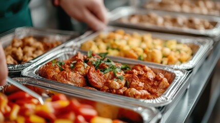 Obraz premium A collection of catering trays showcasing a variety of hot, appetizing dishes including meats, stews, and vegetables, designed for events and gatherings with diverse culinary preferences.