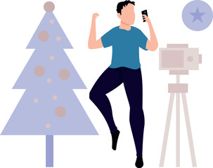 The boy is making a video on Christmas.