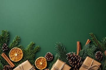 Christmas Decorations with Pine Branches, Gifts, and Citrus Slices
