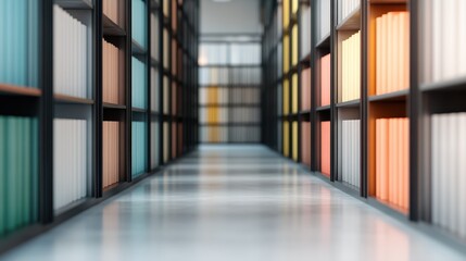 An aesthetically pleasing, long corridor lined with bookshelves, each shelf filled with books organized by color, creating a rainbow effect and a sense of endless knowledge.