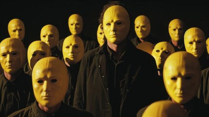 A group of individuals in yellow masks and dark clothing stand together, creating a striking visual contrast. The image conveys a sense of mystery and unity among the masked figures.