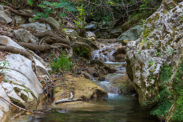 Fototapeta premium Beautiful scenic landscape of Kefalogourna - Theologos waterfalls area on Thassos island