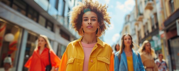 Obraz premium Diverse models wearing sustainable fashion in a busy urban street.