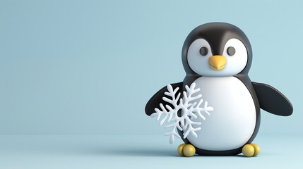 Obraz premium A cartoon penguin holding a snowflake, on a blue background.