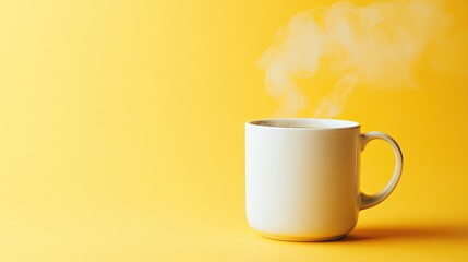 A steaming white mug on a vibrant yellow background, evoking warmth and comfort.