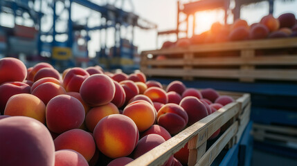Crates of fresh peaches near a cargo ship at a port, ready for international shipment.