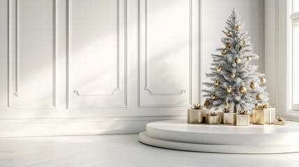 Elegant Gold and White Minimalist Christmas Scene with Tree and Gifts